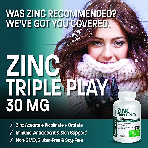 Bronson Zinc Triple Play 30 mg Triple Coverage Immune Support Zinc Supplement with Zinc Acetate, Picolinate & Orotate - Immune, Antioxidant & Skin Health Support - 100 Vegetarian Capsules