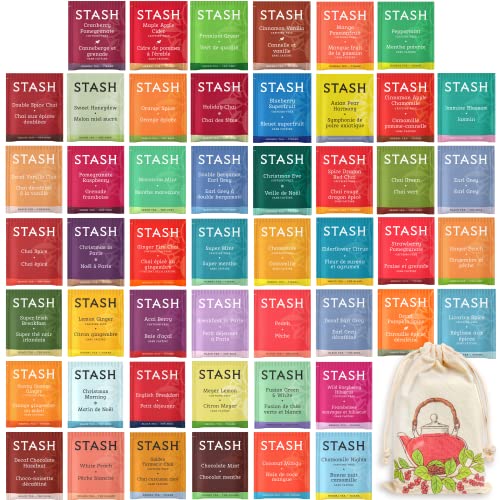 Stash Tea Bags Sampler - Caffeinated and Caffeine Free Variety Pack Gift Set - Individually Wrapped Packets - 50 Count, 50 Flavors /w Handmade Cotton Pouch