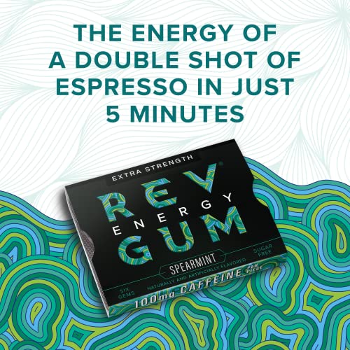 Rev Gum Caffeine Energy Gum | Extra Strength 100mg of Caffeine per Gem | Spearmint Sugar Free Caffeine Gum - Low Calorie Chews to Help You Stay Alert, Awake and Focused - Mint Chewing Gum - 12 Packs (72 Count)
