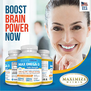 Max Omega 3 Fish Oil Pills - Triple Strength Fish Oil Supplement (2000 mg Total Omega 3 Fatty Acids: 600mg DHA + 800 mg EPA per Serving)