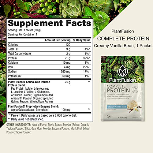 Vegan Protein Powder from PlantFusion, Plant Based Protein Powder w/ BCAAs + Dig Enzymes, Clean Protein; Dairy Free, Gluten Free, Vanilla, 12 Single