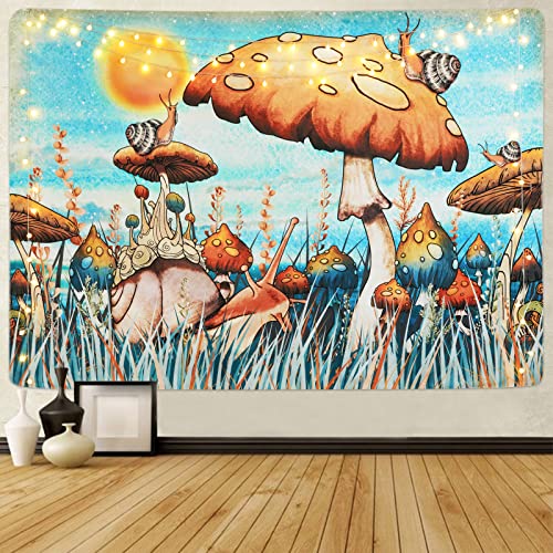 Trippy Mushroom Tapestry Hippie Sun Tapestry Snail Tapestry Plants and Leaves Tapestries Fantasy Fairy Tale Tapestry Wall Hanging for Room(51.2 x 59.1 inches)