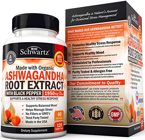 Ashwagandha Capsules 1950mg with Black Pepper for Enhanced Absorption for Women Men - Stress Relief Anxiety Focus Supplement - Organic Ashwagandha Root Extract for Adrenal Mood Thyroid Support -120ct