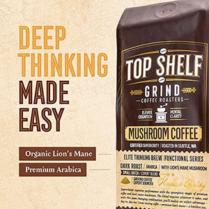 Mushroom Coffee – Ground Dark Roast Organic Lions Mane Coffee for Super Human Focus, Memory & Concentration – High Caffeine Arabica Brain Booster – Strong Nootropic Energy for Peak Performance