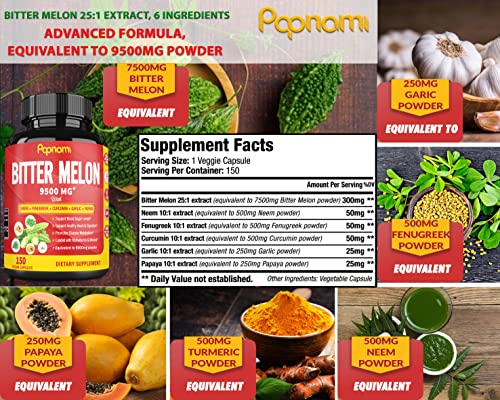 Bitter Melon Extract Capsules equivalent to 9500mg & Neem, Fenugreek, Curcumin, Garlic, Papaya, 5 Months Supply | Lower Balance Blood Sugar Pressure, Support Digestive |Boots Immune System Supplements