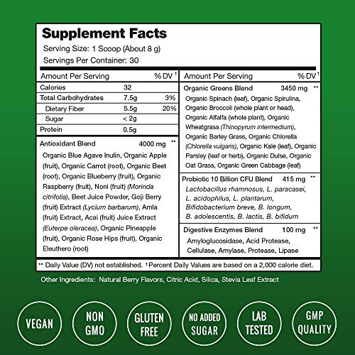 Super Greens Powder Premium Superfood | 20+ Organic Green Veggie Whole Foods | Wheat Grass, Spirulina, Chlorella & More | Antioxidant, Digestive Enzyme & Probiotic Blends | Vegan Juice Supplement