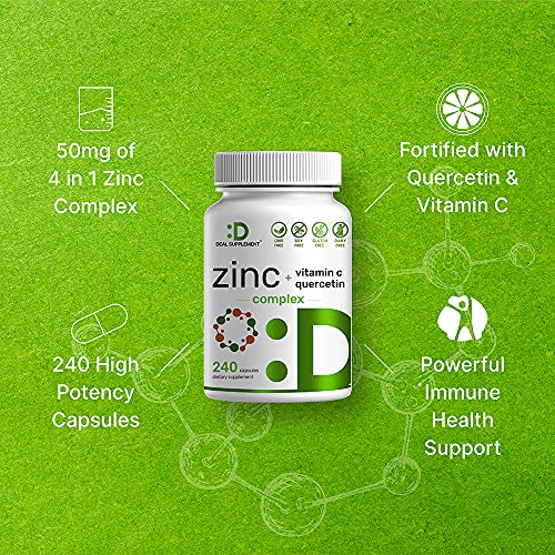 Zinc Supplements 50mg with Quercetin and Vitamin C, 8 Months Supply, 4-1 Zinc Complex, 240 Capsules, Ultimate Immune Support - Premium Zinc Quercetin Supplements