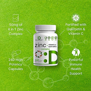 Zinc Supplements 50mg with Quercetin and Vitamin C, 8 Months Supply, 4-1 Zinc Complex, 240 Capsules, Ultimate Immune Support - Premium Zinc Quercetin Supplements