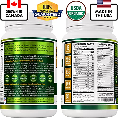 Solo Organic Pea Protein Powder, Low in Sodium, Canada Grown Peas, 100% Vegan, Non-GMO, Unflavored Plant Based Protein Powder with BCAA, Keto & Paleo Friendly, Easy to Digest, No Additives (2.7 lbs)
