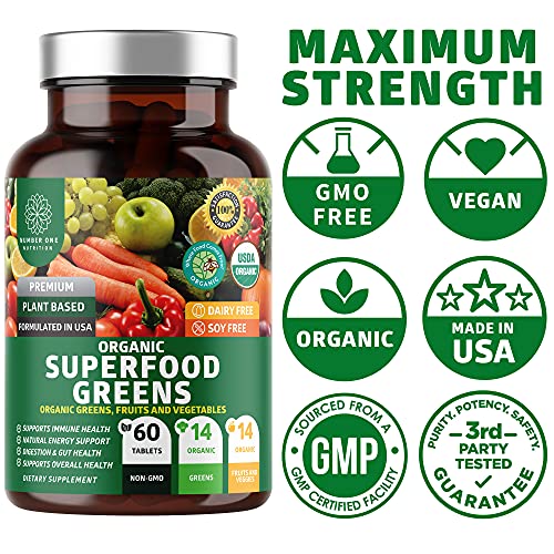 N1N Premium Organic Superfood Greens, Fruits and Veggies [28 Powerful Ingredients] All Natural Superfood Supplement with Alfalfa, Beet Root and Ginger to Boost Energy, Immunity and Gut Health, 60 Ct