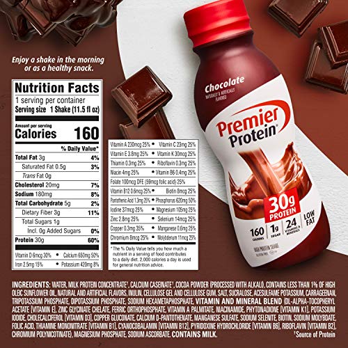 Premier Protein Shake 30g Protein 1g Sugar 24 Vitamins Minerals Nutrients to Support Immune Health, Chocolate, 11.5 Fl Oz (Pack of 12)