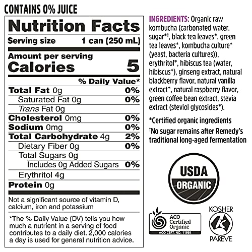 Remedy Natural Energy Drink - Sugar Free, USDA Organic, Low Carb & Low Calorie - Clean Energy with Caffeine & Antioxidants - Sparkling Blackberry - 8.5 Fl Oz Can, 12-Pack