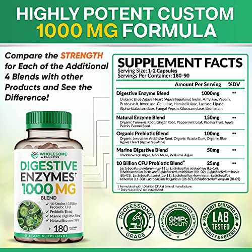 Digestive Enzymes 1000MG Plus Prebiotics & Probiotics Supplement, 180 Capsules, Organic Plant-Based Vegan Formula for Digestion & Lactose with Amylase & Bromelain, 3-6 Month Supply