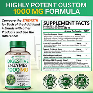Digestive Enzymes 1000MG Plus Prebiotics & Probiotics Supplement, 180 Capsules, Organic Plant-Based Vegan Formula for Digestion & Lactose with Amylase & Bromelain, 3-6 Month Supply
