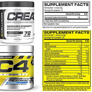 Cellucor Pre Workout & Creatine Bundle, C4 Original Pre Workout Powder, Icy Blue Razz, 30 Servings + Cor Performance Creatine Powder, 72 Servings