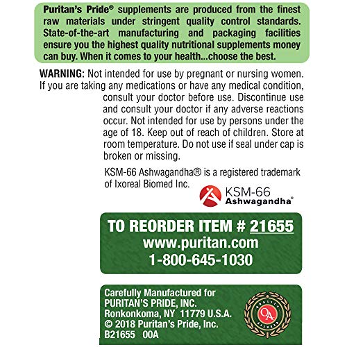 Puritan's Pride Ashwagandha KSM-66 Occasional Stress Support, 450mg, 60 Capsules (21655), 60 Count