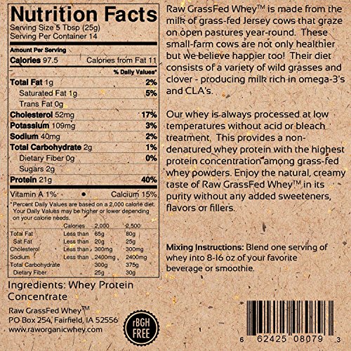 Raw Grass Fed Whey - Happy Healthy Cows, COLD PROCESSED Undenatured 100% Grass Fed Whey Protein Powder, GMO-Free + rBGH Free + Soy Free + Gluten Free + No Added Sugar, Unflavored, Unsweetened (12 OZ)