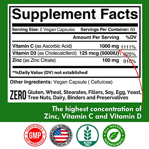 Zinc 100mg, Vitamin C 1000mg, Vitamin D 5000IU per Serving, Immune Support for Adults Kids, Immune System Booster Supplements, Non GMO, No Filler, No Stearate, 120 Vegan Capsules, 60 Day Supply