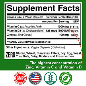 Zinc 100mg, Vitamin C 1000mg, Vitamin D 5000IU per Serving, Immune Support for Adults Kids, Immune System Booster Supplements, Non GMO, No Filler, No Stearate, 120 Vegan Capsules, 60 Day Supply