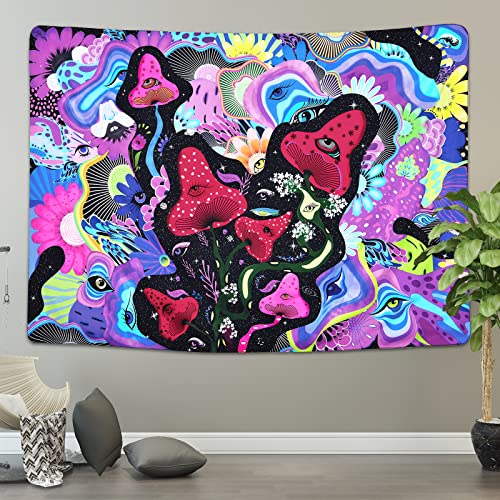 Mushroom Tapestry Hippie Eyes Tapestries Stars Tapestry Colorful Flowers Tapestry Wall Hanging for Room(Purple, 51.2 x 59.1 inches)