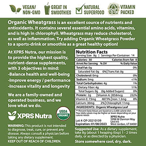 XPRS Nutra Organic Wheatgrass Powder - Whole Leaf Wheat Grass Powder - Made from Wheat Grass Powdered Organic Leaves - Vegan Friendly, Clean Sourced Organic Wheatgrass Powder (4 oz)