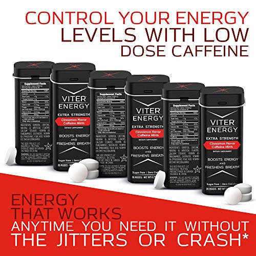 Viter Energy Extra Strength Caffeinated Mints - 80mg Caffeine, B Vitamins, Sugar Free Vegan Breath Mint. Powerful Energizing Boost. 1 Mint Replaces 1 Coffee, Gum, Chews, Gummies (Cinnamon, 6 Pack)