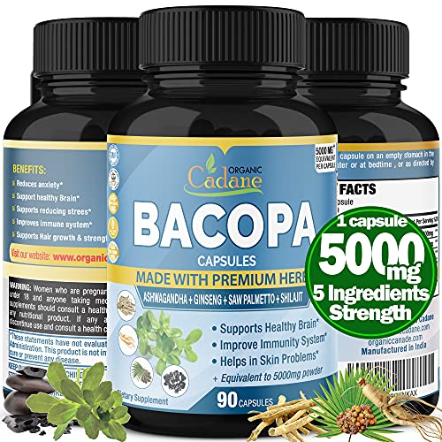 Bacopa Monnieri Extract Capsules 5000mg & Ashwgandha, Ginseng, Saw Palmetto, Shilajit|Support Brain Function, Promotes Mental Clarity Supplement|Anxiety and Stress Relief Memory Focus, 3 Months Supply