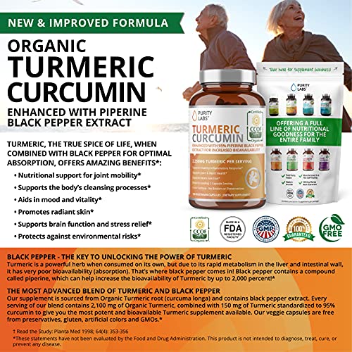 Organic Turmeric Curcumin 2,250MG - 95% Standardized Curcuminoids and Black Pepper Bioperine for Increased bioavailability - for Joint Mobility & Inflammation