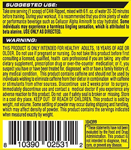 C4 Ripped Pre Workout Powder Cherry Limeade | Creatine Free + Sugar Free Preworkout Energy Supplement for Men & Women | 150mg Caffeine + Beta Alanine + Weight Loss | 30 Servings