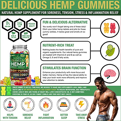 Wellution Hemp Gummies 2,000,000 XXL high Potency - Fruity Gummy Bear with Hemp Oil, Natural Hemp Candy Supplements for Soreness, Stress & Inflammation Relief, Promotes Sleep & Calm Mood