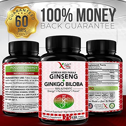 Authentic Korean Red Panax Ginseng 1200mg + Ginkgo Biloba - 120 Vegan Capsules - High Ginsenosides Extra Strength Root Extract Powder Supplement for Energy, Performance & Focus Pills for Men & Women