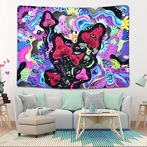 Mushroom Tapestry Hippie Eyes Tapestries Stars Tapestry Colorful Flowers Tapestry Wall Hanging for Room(Purple, 51.2 x 59.1 inches)