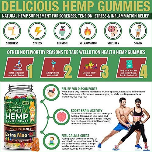 Wellution Hemp Gummies Extra Max x60 High Potency - Fruity Gummy Bear with Hemp Oil. Natural Hemp Candy Supplements for Stress & Inflammation - Promotes Sleep & Calm Mood