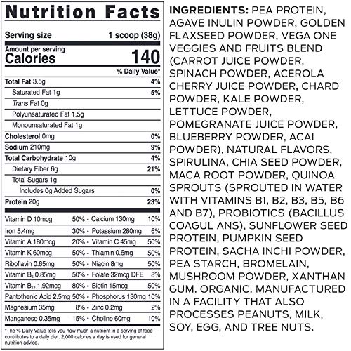 Vega One Organic, Unsweetened, Meal Replacement Protein Powder, Vegan, Plant Based, Superfood, Vitamins, Probiotics, Dairy Free, Gluten Free, Pea Protein for Women and Men, 13.5 Ounces (10 Servings)