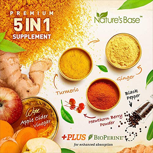 Turmeric Curcumin Supplement with Ginger & Apple Cider Vinegar, BioPerine Black Pepper, Tumeric & Ginger, 95% Curcuminoids & Joint Supplement, Antioxidant Tumeric Supplements Capsules, Nature's Base
