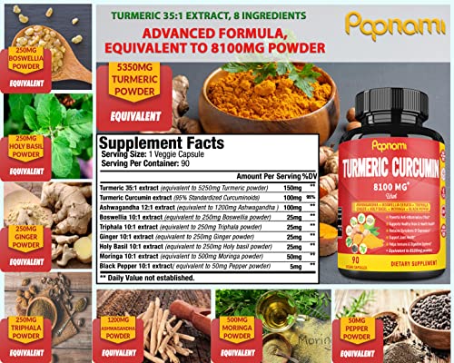Turmeric Curcumin Extract Capsules 8100mg, 3 Months Supply & Ashwagandha, Triphala, Moringa, Boswellia, Ginger, Tulsi, Black Pepper| Joint Support, Anti Inflammatory| Improve Digestive, Immune System