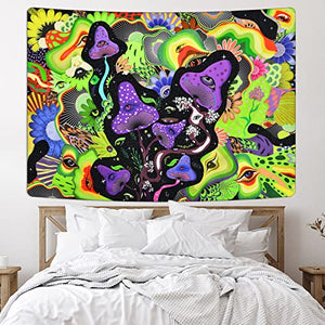 Mushroom Tapestry Psychedelic Eyes Tapestries Trippy Tapestry Colorful Flowers Tapestry Wall Hanging for Room(Purple and Green, 51.2 x 59.1 inches)