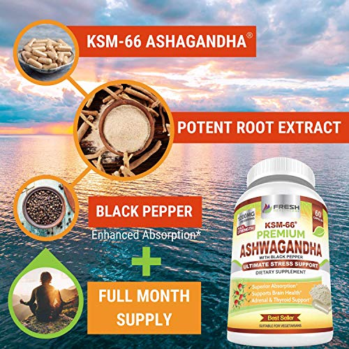 Ashwagandha KSM-66 by Fresh Healthcare, 1200mg Pure and Potent Root Extract Capsules with Natural Black Pepper for High Absorption, Non-GMO Vegan Supplement Pills