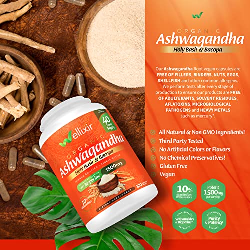 Wellixir Organic Ashwagandha Capsules - Root Powder Supplement, 10% Withanolides with Bacopa Extract & Holy Basil - Vegan & Gluten-Free Herbal Supplements for Stress, Mood Support - 1500mg, 120 Count