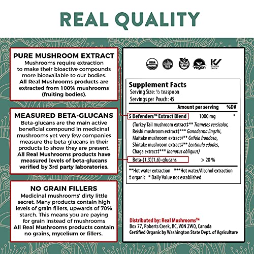 Real Mushrooms 5 Defenders Mushroom Extract Powder for Immune Support (45 Day Supply) Better Overall Wellbeing with Organic and Vegan Chaga, Shiitake, Maitake, Turkey Tail, Reishi Mushroom