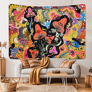 Mushroom Tapestry Psychedelic Eyes Tapestries Trippy Tapestry Colorful Flowers Tapestry Wall Hanging for Room(59.1 x 59.1 inches)