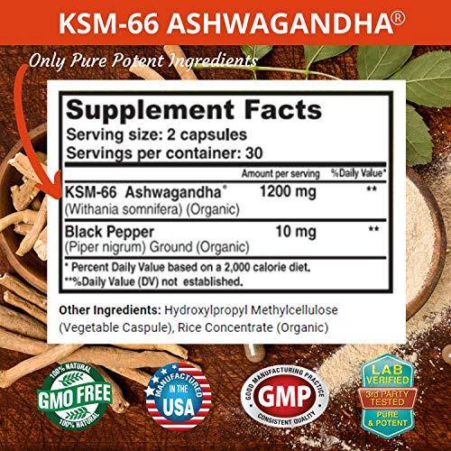 Ashwagandha KSM-66 by Fresh Healthcare, 1200mg Pure and Potent Root Extract Capsules with Natural Black Pepper for High Absorption, Non-GMO Vegan Supplement Pills