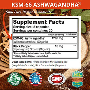 Ashwagandha KSM-66 by Fresh Healthcare, 1200mg Pure and Potent Root Extract Capsules with Natural Black Pepper for High Absorption, Non-GMO Vegan Supplement Pills