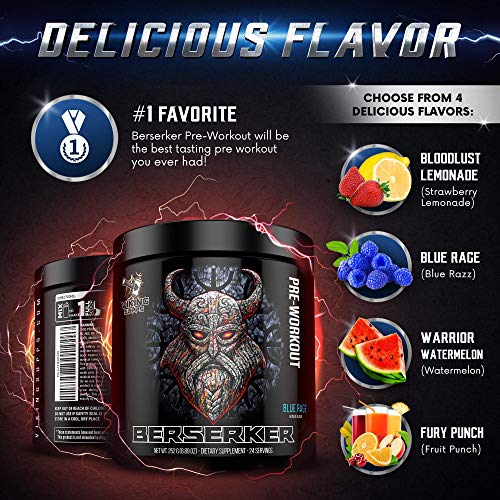 Viking Supps Berserker Pre-Workout, with Creatine, Beta-Alanine, and Caffeine for Energy, Blue Rage (Blue Razz) Flavor, 24 Servings