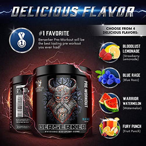 Viking Supps Berserker Pre-Workout, with Creatine, Beta-Alanine, and Caffeine for Energy, Blue Rage (Blue Razz) Flavor, 24 Servings