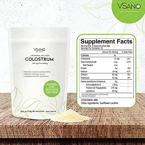 VSano Colostrum Powder with Liposomal Delivery (LD) - Immune System Support for Humans & Pets - Efficient Absorption of Healthy Lactoferrin for Wellness (Natural, 6 oz)