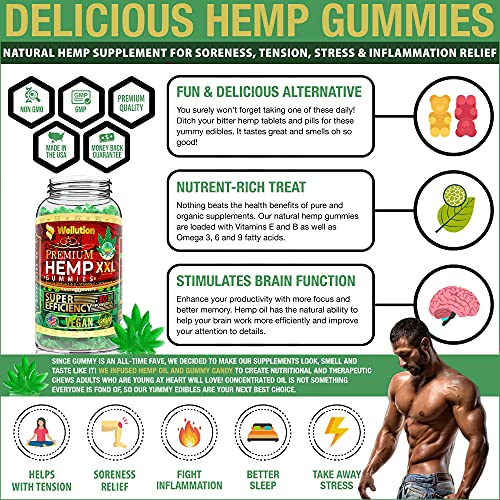 Wellution Hemp Gummies XXL High Potency - Fruity Gummy with Hemp Oil, Natural Hemp Candy Supplements for Soreness, Stress & Inflammation Relief, Promotes Sleep & Calm Mood