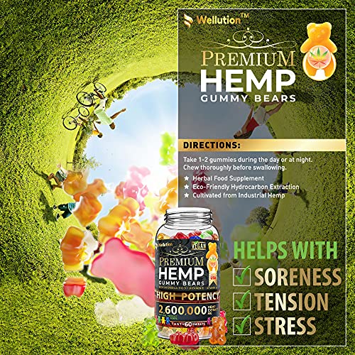 Wellution Hemp Gummies 2,600,000 XL High Potency - Fruity Gummy Bear with Hemp Oil - Natural Hemp Candy Supplements for Soreness, Stress & Inflammation - Promotes Sleep and Calm Mood