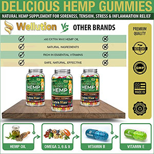 Wellution Hemp Gummies Extra Max x60 High Potency - Fruity Gummy Bear with Hemp Oil. Natural Hemp Candy Supplements for Stress & Inflammation - Promotes Sleep & Calm Mood