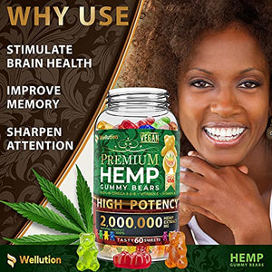 Wellution Hemp Gummies 2,000,000 XXL high Potency - Fruity Gummy Bear with Hemp Oil, Natural Hemp Candy Supplements for Soreness, Stress & Inflammation Relief, Promotes Sleep & Calm Mood